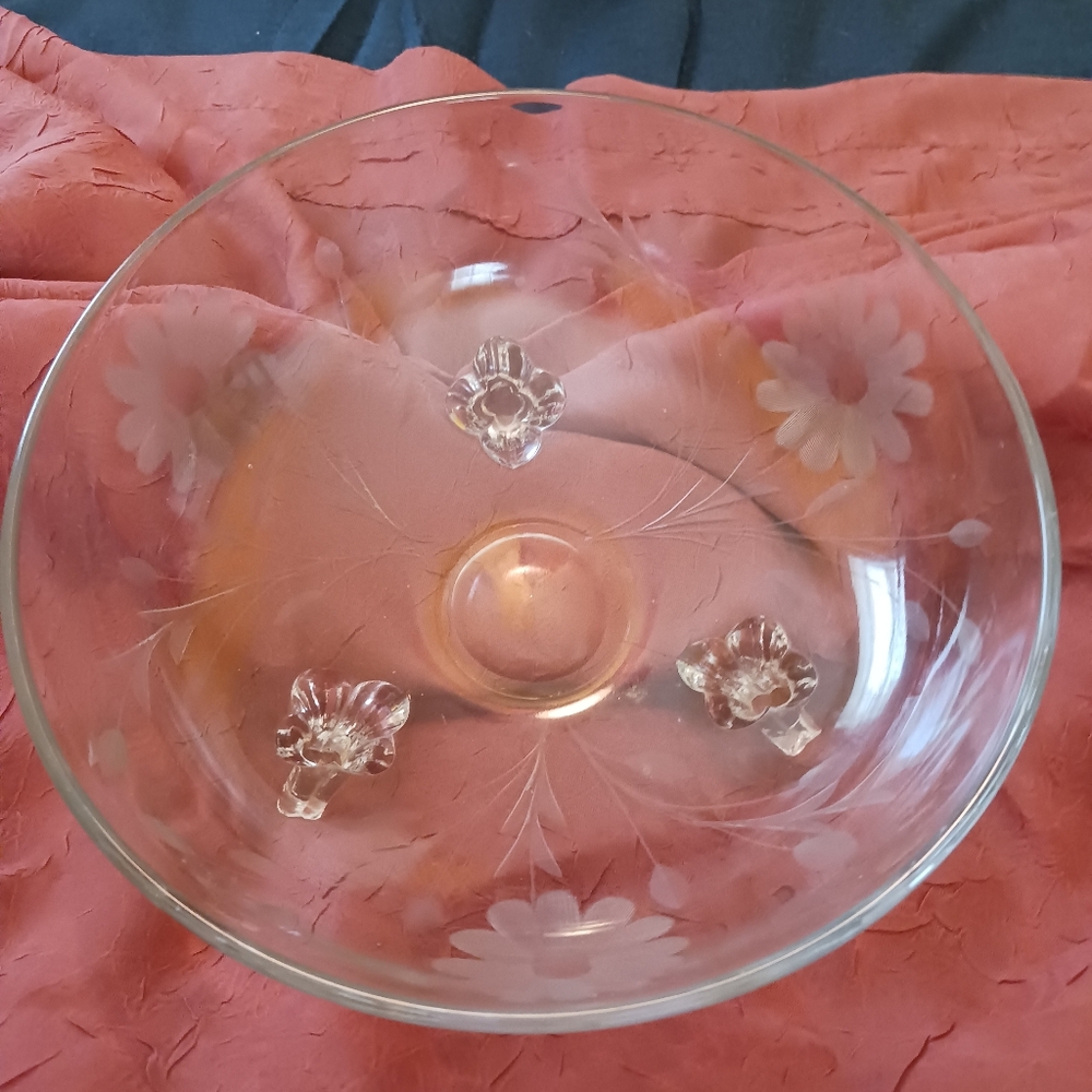 Vintage Etched Glass Footed Floral Fruit Bowl